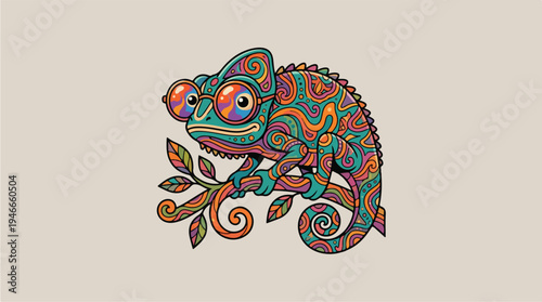 Colorful Chameleon Sitting on a Branch with Intricate Patterns.