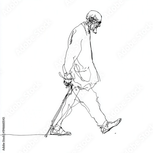 Elderly man walks with a cane on a blank background during a quiet moment in his day