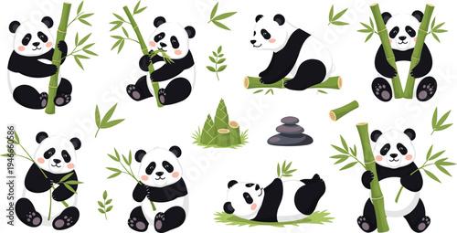 Cute Panda Character Set with Bamboo Eating, Sitting, Lying, and Playing Poses with Leaves and Nature Elements for Wildlife Cartoon Illustration