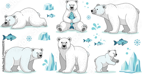 Cute Polar Bear Character Set with Sitting, Walking, Standing, and Sleeping Poses with Icebergs, Fish, Snowflakes, and Arctic Wildlife Elements