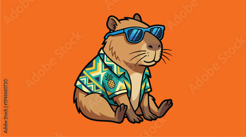 Cool Capybara Wearing Sunglasses and Hawaiian Shirt.