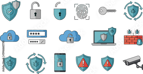 Cybersecurity and Data Protection Icon Set with Shield, Lock, Fingerprint, Password, Cloud Security, Laptop Protection, and Surveillance Camera Elements