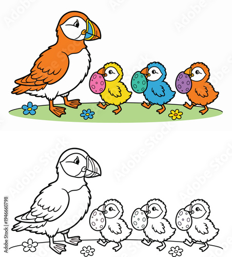 Cartoon puffin bird family with chicks carrying Easter eggs Vector coloring book page illustration with color and black white outline