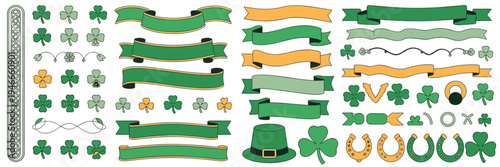 Emerald green ribbon and clover border set – Perfect for holiday flyers, invitation design, or web assets.