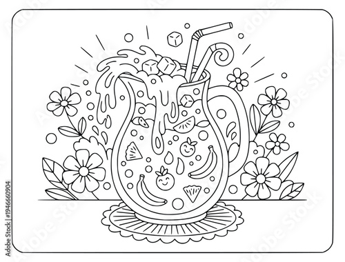 Smoothie coloring page showing a cold glass pitcher with flowers and ice