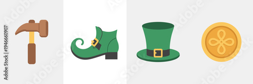 Traditional leprechaun hat and hammer icons – Perfect for festive marketing, museum exhibits, or holiday icons.