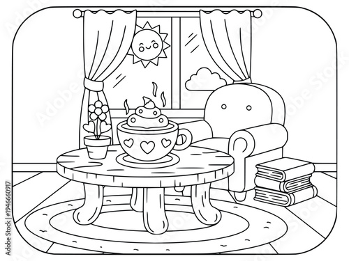 Smoothie coloring page showing a cozy cup on a table in a sunny living room