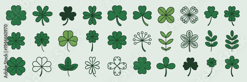 Emerald green clover and blossom icon sheet – Suitable for logo design, seasonal marketing, or botanical art.