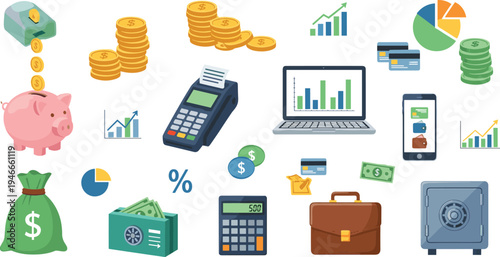 Finance and Business Icon Set with Piggy Bank, Coins, Cash Register, Laptop Analytics, Calculator, Credit Card, Safe, and Financial Growth Elements