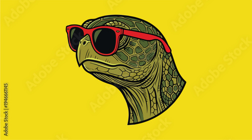 Cool Turtle Wearing Red Sunglasses on Yellow Background.