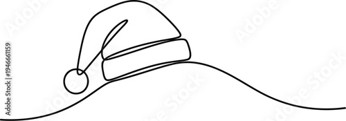 Minimalist line drawing of a santa hat with a pom pom and curved brim design