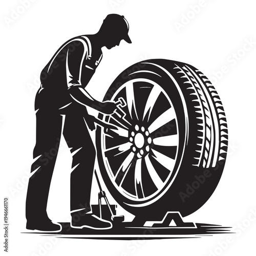 Black Tire changing mechanic Silhouette Vector, High Quality Illustration on White Background