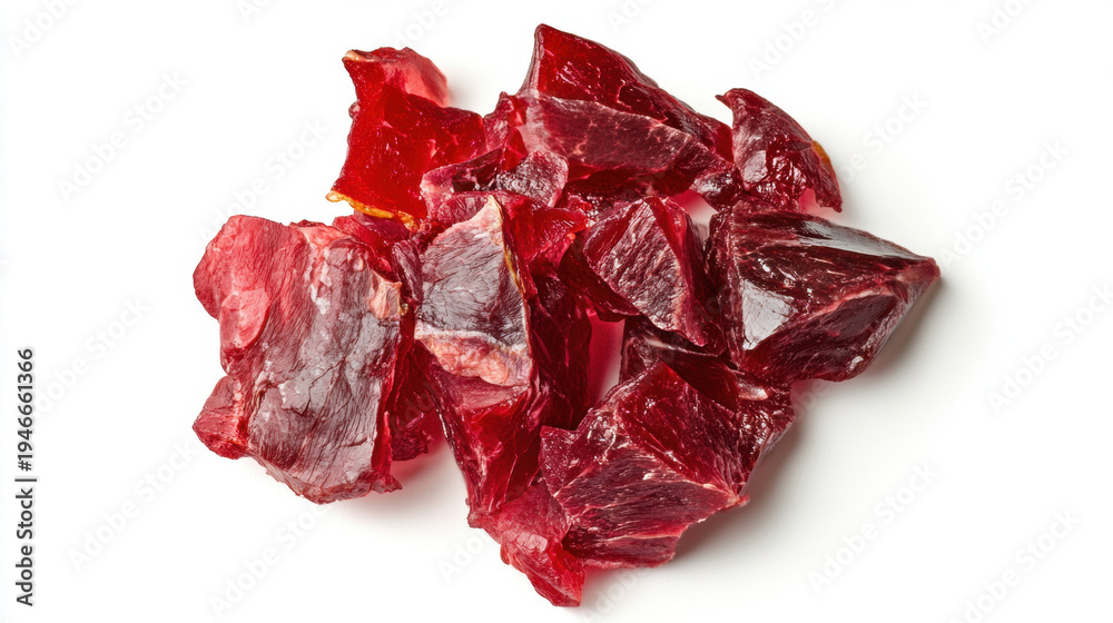Obraz premium Raw beef chunks with deep red color and texture isolated on white background. Protein-rich food concept representing meat preparation and cooking ingredient.