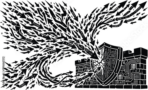 Cyber security shield protecting from massive data attack and digital arrows vector illustration