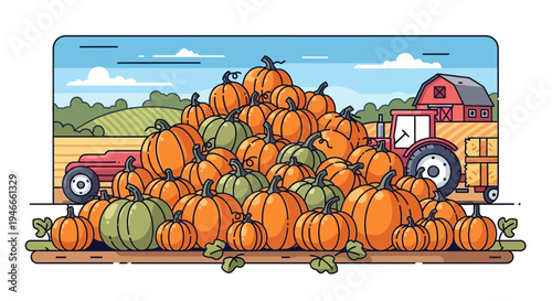 Autumn Farm Harvest: Pumpkins, Tractor, Barn, Fields - Flat Illustration