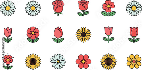 Collection of stylized flower in red yellow and white flower daisy rose tulip sunflower red flower