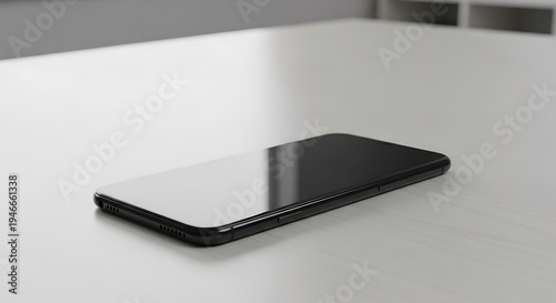 Black smartphone with blank screen on white table