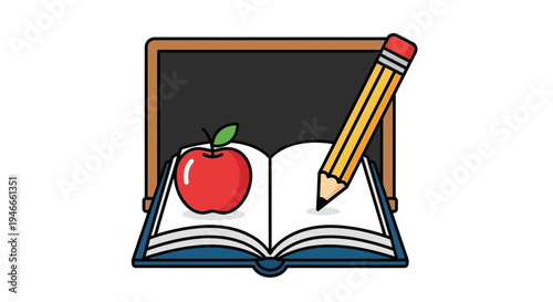 Back to School Education Concept: Open Book, Apple, Pencil, Chalkboard