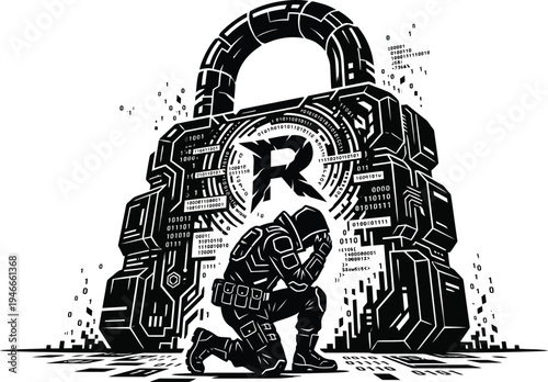 Cyber security concept of ransomware attack with giant padlock and hacker in despair vector