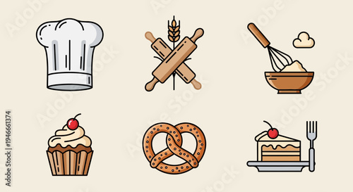 Bakery Icons Set: Chef Hat, Rolling Pins, Whisk, Cupcake, Pretzel, Cake Slice