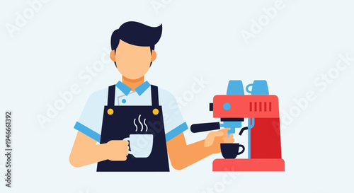 Barista making coffee with espresso machine, holding cup, flat illustration