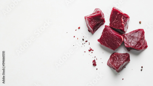 Cubes of raw beef meat isolated on white background. Minimal composition highlighting texture, freshness and protein-rich ingredient.