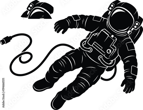 Astronaut floating in deep space with tether line minimalist black and white vector illustration