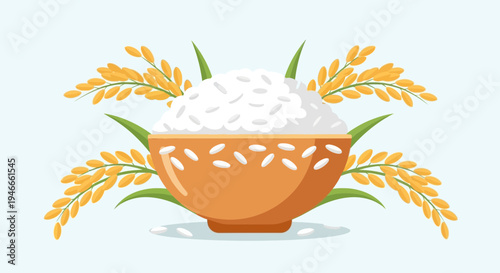 Bowl of White Rice with Golden Rice Stalks and Green Leaves
