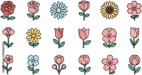 Collection of stylized flowers in pastel colors with black outlines rose tulip