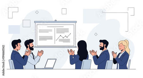 Business meeting, team applauding successful presentation with charts on screen