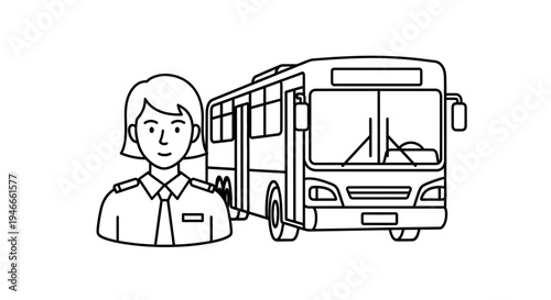 Bus Driver and Public Transport Vehicle Line Art Illustration