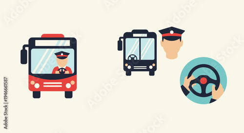 Bus Driver and Steering Wheel Icons: Public Transport and Driving Concept