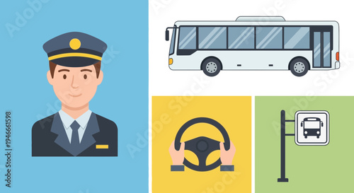 Bus Driver, Vehicle, Steering Wheel, Bus Stop Sign Icons Set