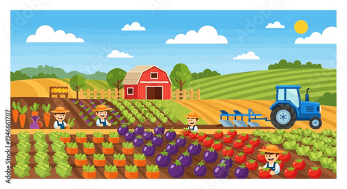 Cartoon farm with tractor, crops, barn and farmers working in a sunny landscape