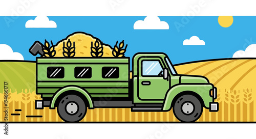 Cartoon Green Truck Hauling Wheat Harvest Through Golden Fields