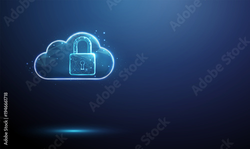 3d blue cloud with padlock inside. Cloud security, data protection, privacy, cybersecurity, safe storage, secure access, data encryption concept. Low poly digital futuristic style, wireframe. Vector.
