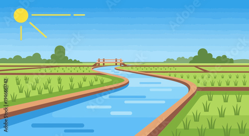 Cartoon River Flowing Through Green Rice Paddies Under Sunny Sky