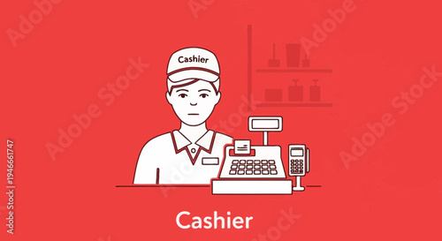 Cashier at checkout counter with cash register and payment terminal in store