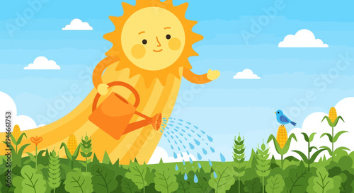 Cartoon Sun Watering Plants with Watering Can, Blue Sky and Clouds