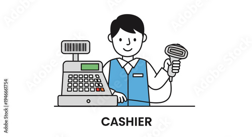 Cashier with Calculator and Barcode Scanner, Retail Customer Service, Vector Illustration