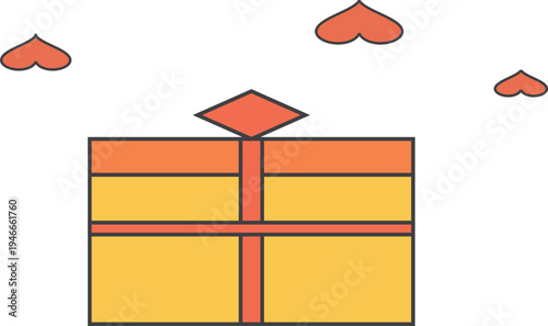 Yellow gift box with red ribbon and floating hearts