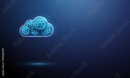 3d blue data cloud with gears. Cloud computing, system automation, digital workflow, technology optimization, process efficiency, machine learning concept.
