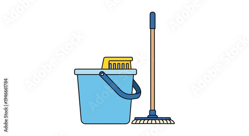 Cleaning tools: blue bucket with mop and brush, isolated on white background.