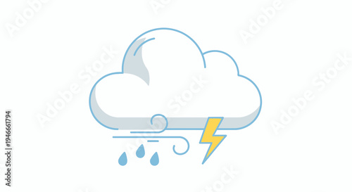 Cloud with rain, wind and lightning bolt icon. Weather forecast symbol.
