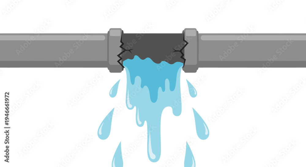 Εκτύπωση καμβά Damaged pipe leaking water, plumbing leak concept, isolated on white background