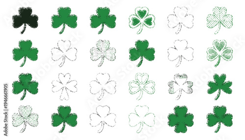 Shamrock Clover Icon Set, vector illustrations of green lucky leaves, Irish symbols for St. Patrick’s Day, festive decorations