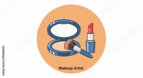 Cosmetic makeup products: powder compact, brush and red lipstick isolated on orange circle background.