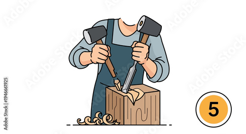 Craftsman Carving Wood with Mallet and Chisel, Woodworking Skill