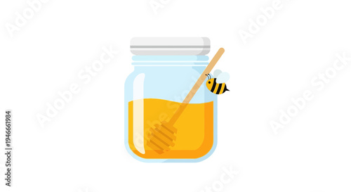 Cute Bee and Honey Jar with Wooden Dipper - Sweet Food Illustration
