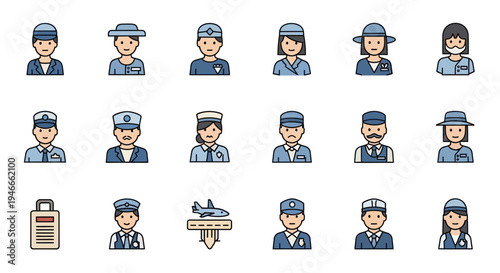 Diverse Profession Icons: Uniformed Workers, Service Staff, and Airport Personnel